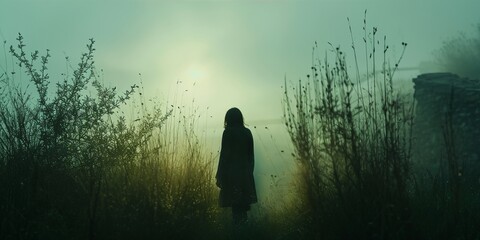 a person standing in a field with tall grass
