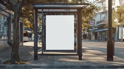 Positioned at a quaint bus stop, the creative white blank mockup targets local commuters effectively, white blank poster billboard Sharpen with large copy space
