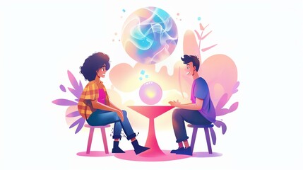 two people sitting at a table with a flower in the background and a light shining on them