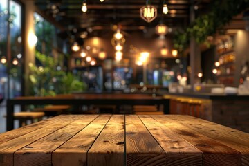 Set against a blur restaurant, the wooden table becomes an admirable restaurant at night, enhancing the dining ambiance, Sharpen 3d rendering background