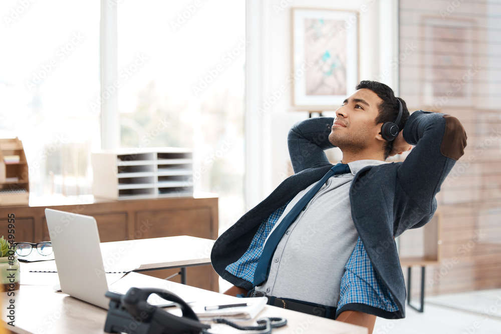 Poster Headset, man and relax for rest in office with customer service, tech and web support. Male agent, headphones and target complete with laptop at call center for client advice, consulting and telecom