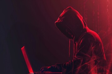 3 hooded hacker in red with laptop code background. Generate AI image