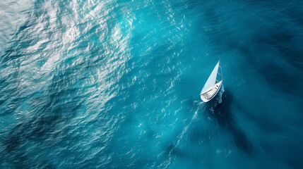 Summer seasonal template background design with copy-space for text. Top view of clear blue ocean with calm smooth wave and a white sailboat is floating on the water with copy-space for text.