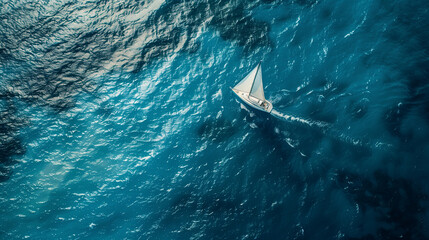 Summer seasonal template background design with copy-space for text. Top view of clear blue ocean with calm smooth wave and a white sailboat is sailing on the water, at middle right.