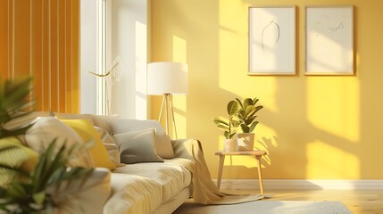 Plant on table and lamp in warm living room with yellow curtains posters and pillows on sofa