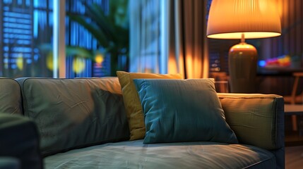 Fototapeta premium Pillow on sofa with electric light lamp decoration interior of living room