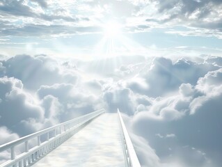White stairway to heaven with clouds and sun. 3d render