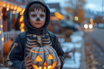 A child in skeleton face paint and costume holds a carved pumpkin with a street decorated for...