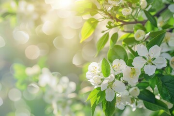 The Creative template of the spring floral composition features soft flowers and fresh green leaves - obrazy, fototapety, plakaty