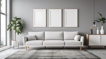 Posters on grey wall above white cupboard in bright living room interior with sofa and carpet