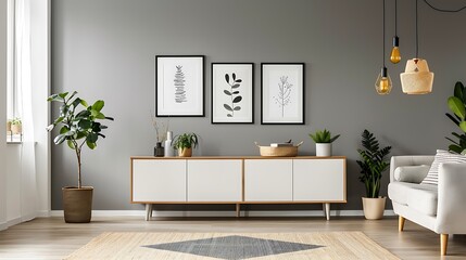 Posters on grey wall above white cupboard in bright living room interior with sofa and carpet