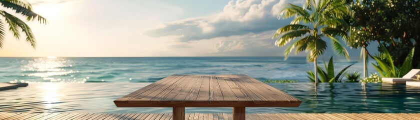 The wooden table near the tropical resort pool invites guests to enjoy the luxury of a tropical beach view, Sharpen 3d rendering background - obrazy, fototapety, plakaty