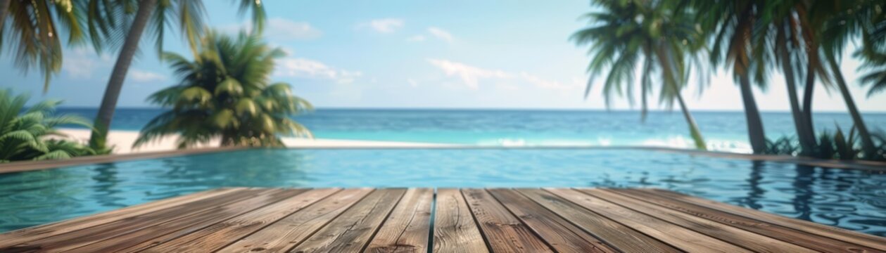 The wooden table near the tropical resort pool invites guests to enjoy the luxury of a tropical beach view, Sharpen 3d rendering background