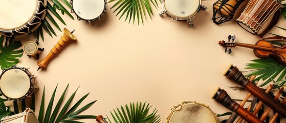 This creative flat lay template of traditional musical instruments celebrates cultural diversity and heritage, with solid background and copy space on center