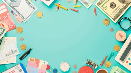 This creative flat lay template of global currencies and financial documents illustrates business and finance concepts, with solid background and copy space on center