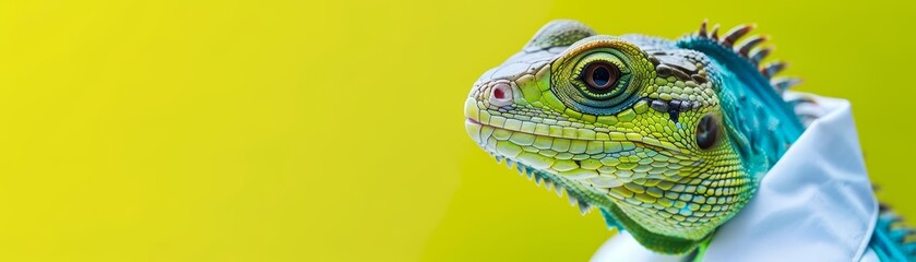 Fototapeta premium This image captures a closeup halfbody of a charismatic reptile in a scientists white lab coat