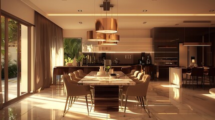 Stylish and modern dining room interior with design furniture