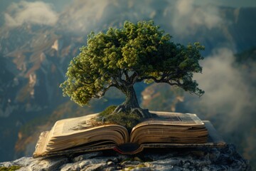 A tree growing from an open book symbolizing the growing. Generate AI image