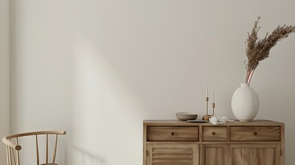 Wall mock up in white simple interior with wooden furniture