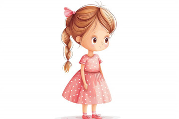 Adorable girl with pink dress isolated on white backdrop, illustration.