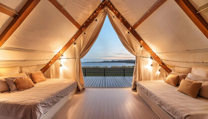 A canvas and wood A-frame glamping tent is comfortably furnished with two beds and warm glowing string lights,a beautiful lake view from the patio at an Eco resort, luxury camping