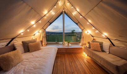 A beautiful A-frame glamping safari tent is comfortably furnished, with warm glowing string lights, a bed, couch, and a beautiful country view. Rental resort, camping