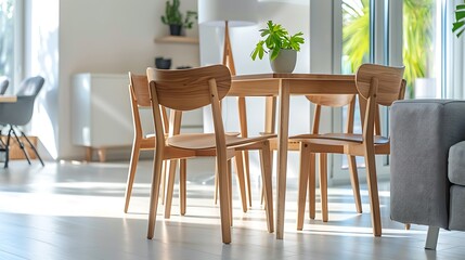 Fototapeta premium Wooden chairs at table in bright open space interior with lamp next to grey couch
