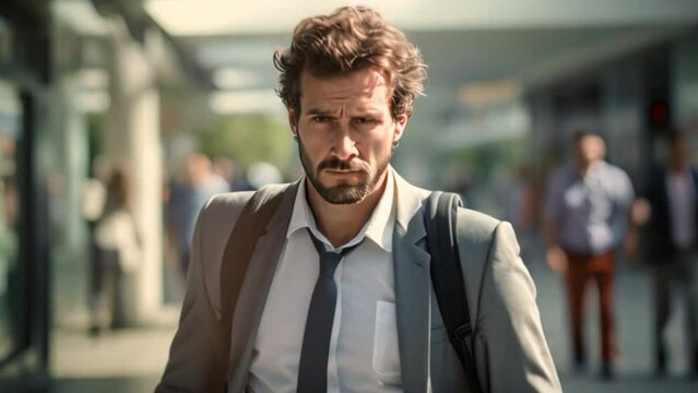 A man is walking with a sad expression, a man stressed about being unemployed, fired, economic recession