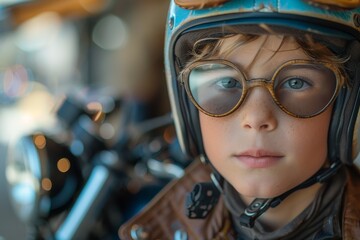 Boy with thoughtful expression wearing a vintage pilot helmet and goggles, nostalgic aviation