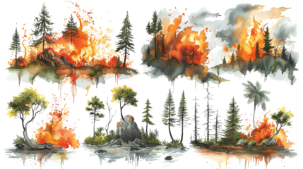 Firefighters battle a massive wildfire that has engulfed a forest. The flames are spreading quickly, and the firefighters are working hard to contain the blaze.