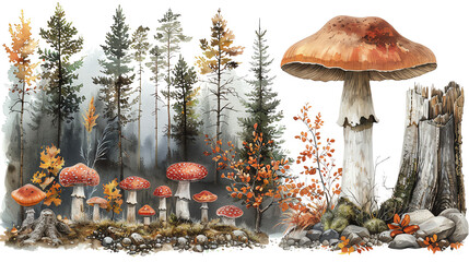 The image is a digital painting of a forest. There are many different types of mushrooms in the forest, and the trees are tall and green. The forest is full of color and life.