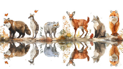 The image shows a group of animals, including deer, rabbits, and foxes, gathered around a watering hole. The animals are reflected in the water below.