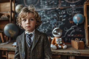 Obraz premium Elegant young boy in a suit standing in front of a blackboard with scientific illustrations, reflecting intellect and style