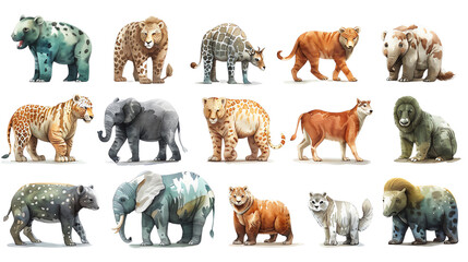 A group of cartoon mammoths of various colors and sizes.