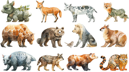 A group of different animals, including bears, wolves, and deer