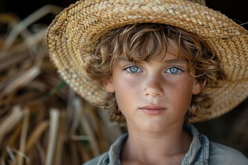 Close-up of a young boy with piercing blue eyes wearing a straw hat, surrounded by neutral tones - obrazy, fototapety, plakaty