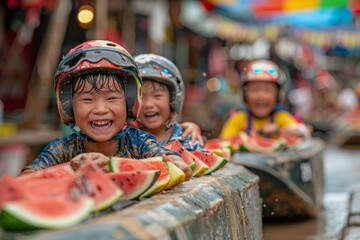 Joyful children in helmets eating watermelon on a wooden boat at a colorful floating market