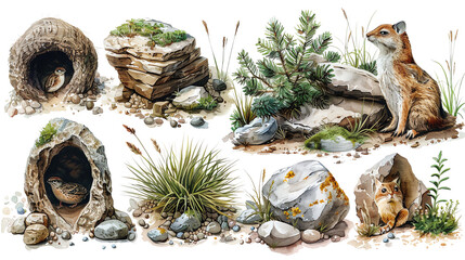 A variety of rocks and plants that can be used to create a natural-looking landscape for a pet.