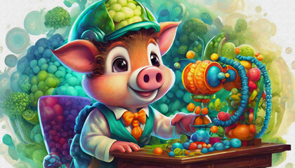 oil painting style CARTOON CHARACTER cute pig Inventor Works on a Complex Machine at Her Desk During