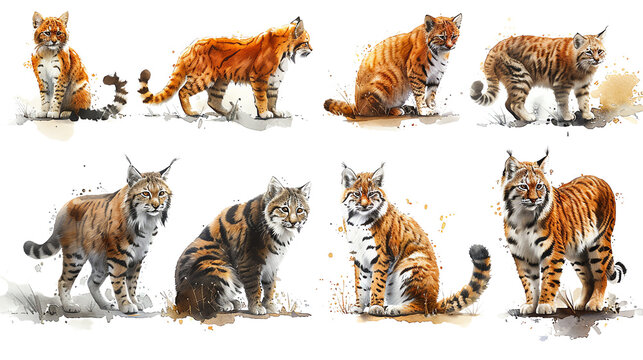A group of tigers in different poses and sizes.