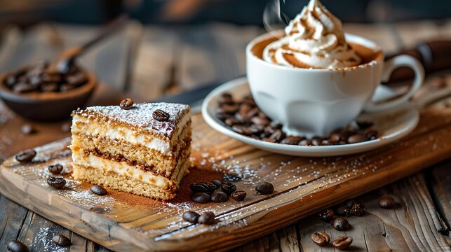 One cup of espresso and piece of cake on a wooden board