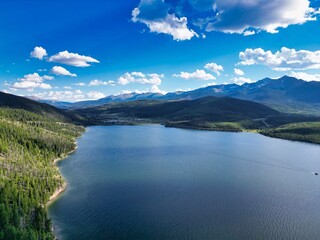 Dillon Reservoir Colorado Aerial View with Pine Forest and Rocky Mountains