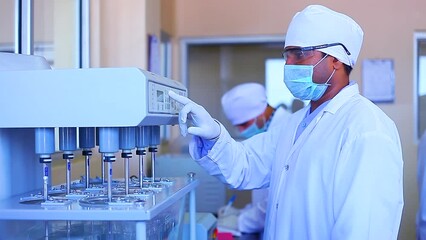tablet dissolution test apparatus working condition close up. a scientific instrument dissolving tablets in a science instrumentation chemistry laboratory	
