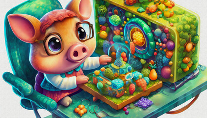 Fototapeta premium oil painting style CARTOON CHARACTER cute pig Inventor Works on a Complex Machine at Her Desk During