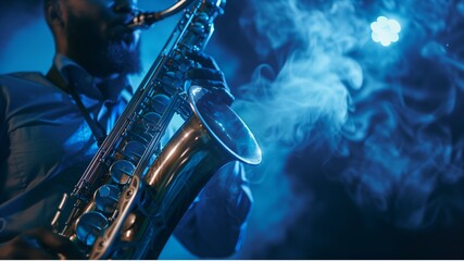 Fototapeta premium A saxophonist blowing the saxophone and creating a jazz tune