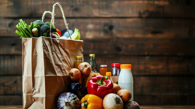 Paper grocery bag with fresh vegetables fruits milk and canned goods on wooden backdrop