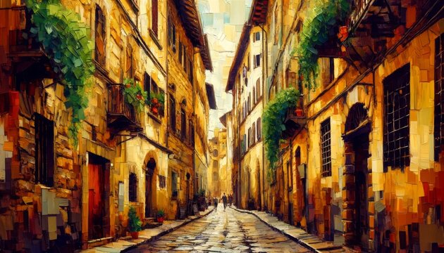 Fototapeta An painting of a hidden alley in Florence's Oltrarno district. with cobblestone alley and aged buildings