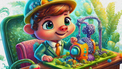 oil painting style CARTOON CHARACTER cute piglet Inventor works on a complex machine