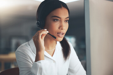 Call center, computer and problem solving with woman in telemarketing office for help or sales....