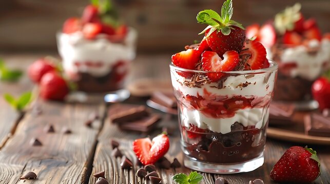 Strawberry parfait dessert in a glass cup with cream and chocolate